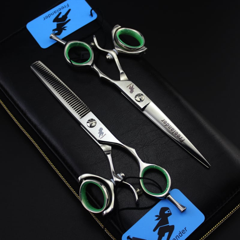 5,5-инчови 6,0-инчови Freelander висококачествени фризьорски ножици с 360-градусова дръжка, плоски ножици, ножици със зъби, тънки ножици, чанта за доставка