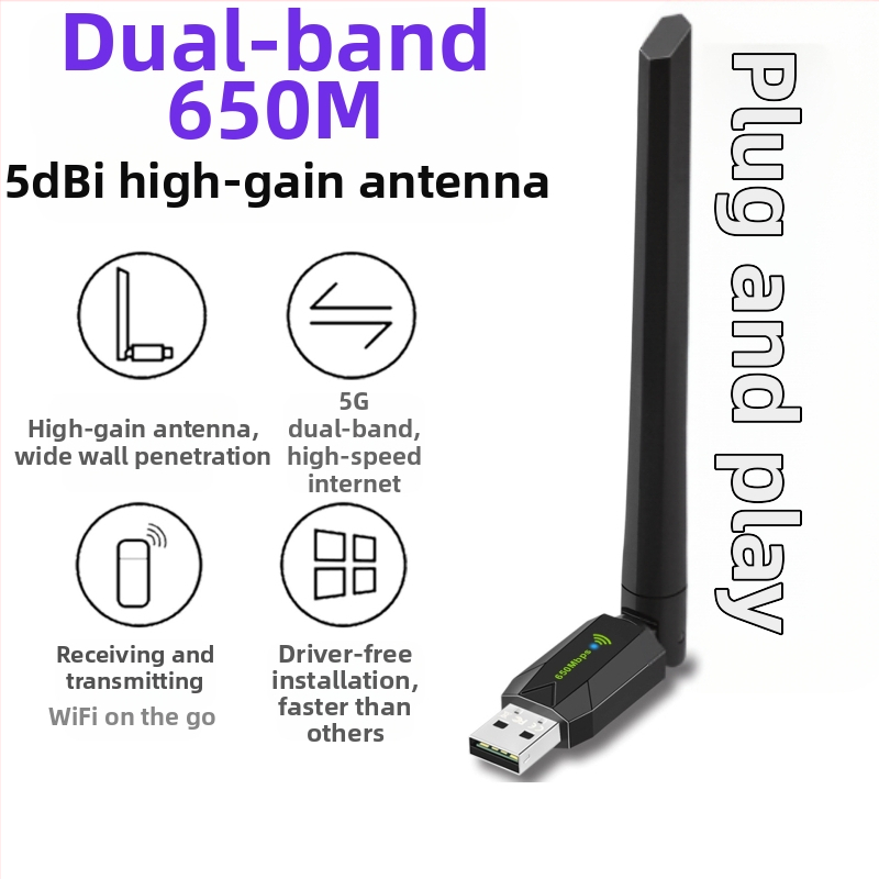 Bezdrôtová sieťová karta USB s dvojitou frekvenciou bez mechaniky 650 m, bezdrôtový WiFi sieťový adaptér pre stolný počítač 5G