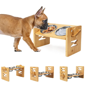 Bambusz kisállat táltartó, bambusz fa állítható kisállat táltartó, macska és kutya nyakgerincvédő táltartó, kisállat étkezőasztal