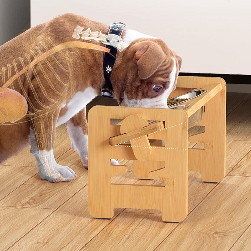 Bambusz kisállat táltartó, bambusz fa állítható kisállat táltartó, macska és kutya nyakgerincvédő táltartó, kisállat étkezőasztal