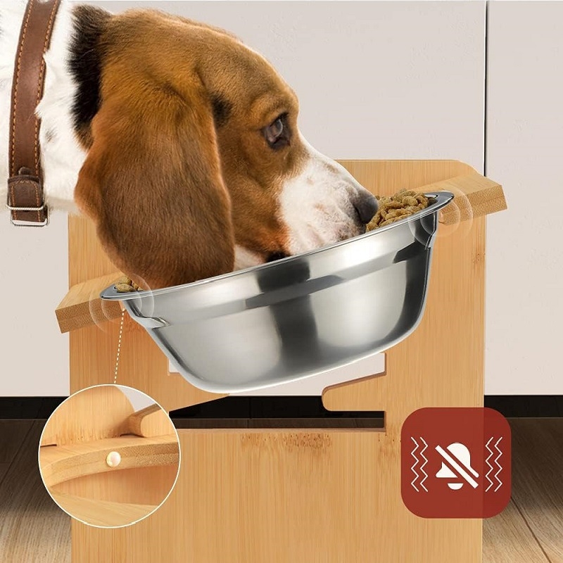 Bambusz kisállat táltartó, bambusz fa állítható kisállat táltartó, macska és kutya nyakgerincvédő táltartó, kisállat étkezőasztal