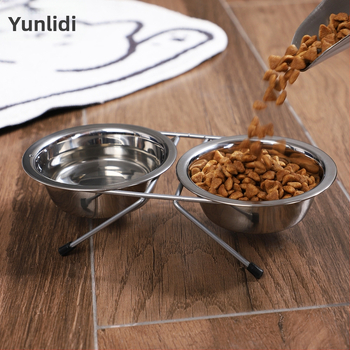 Macskatál rozsdamentes acélból készült kisállattál, határokon átnyúló, integrált dupla tál, nagykereskedelmi nyakvédő macskaeledel-tál, kisállat-kellékek, vas táltartó