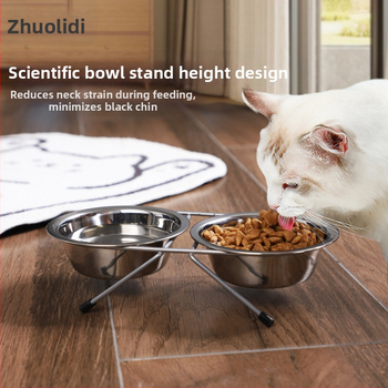 Macskatál rozsdamentes acélból készült kisállattál, határokon átnyúló, integrált dupla tál, nagykereskedelmi nyakvédő macskaeledel-tál, kisállat-kellékek, vas táltartó