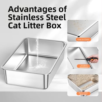Λεκάνη άμμου γάτας από ανοξείδωτο ατσάλι, εύκολη στον καθαρισμό, μεγάλη, ανθεκτική στα πιτσιλίσματα, ανθεκτική στην άμμο, κλειστή λεκάνη άμμου γάτας