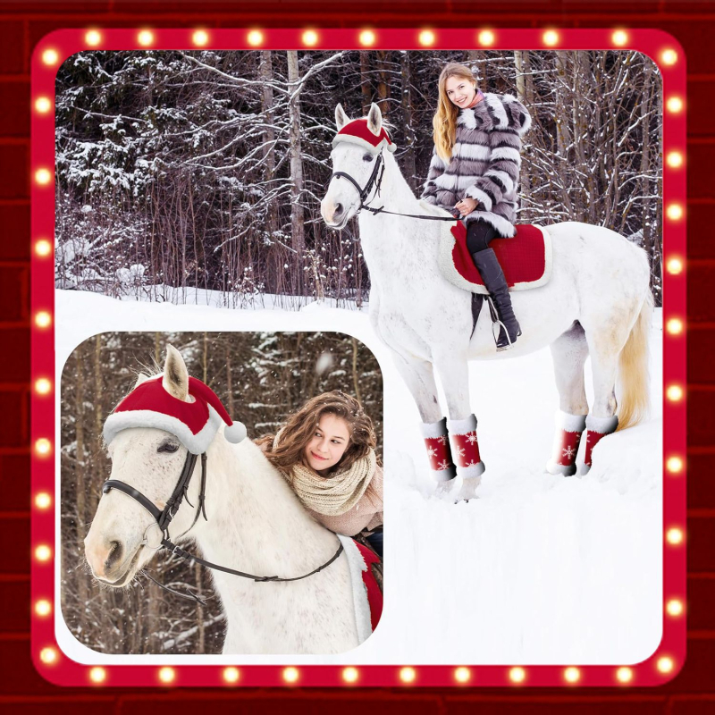 Gamykloje sandėlyje ir greitas pristatymas Naujųjų metų šventinė arklio kepurė, raudonos arklio kojos, kalėdinis burbulinis aksominis arklio kojų balno kilimėlis