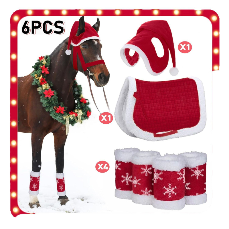 Gamykloje sandėlyje ir greitas pristatymas Naujųjų metų šventinė arklio kepurė, raudonos arklio kojos, kalėdinis burbulinis aksominis arklio kojų balno kilimėlis