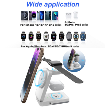 Naujas sulankstomas magnetinis siurbimo trijų viename belaidis įkroviklis su naktine lempute, vertikalus greitas įkrovimas, skirtas „Apple“ mobiliųjų telefonų belaidžiam įkrovimui.