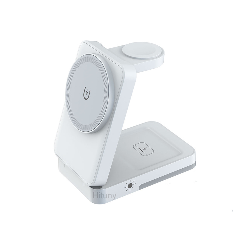 Naujas sulankstomas magnetinis siurbimo trijų viename belaidis įkroviklis su naktine lempute, vertikalus greitas įkrovimas, skirtas „Apple“ mobiliųjų telefonų belaidžiam įkrovimui.