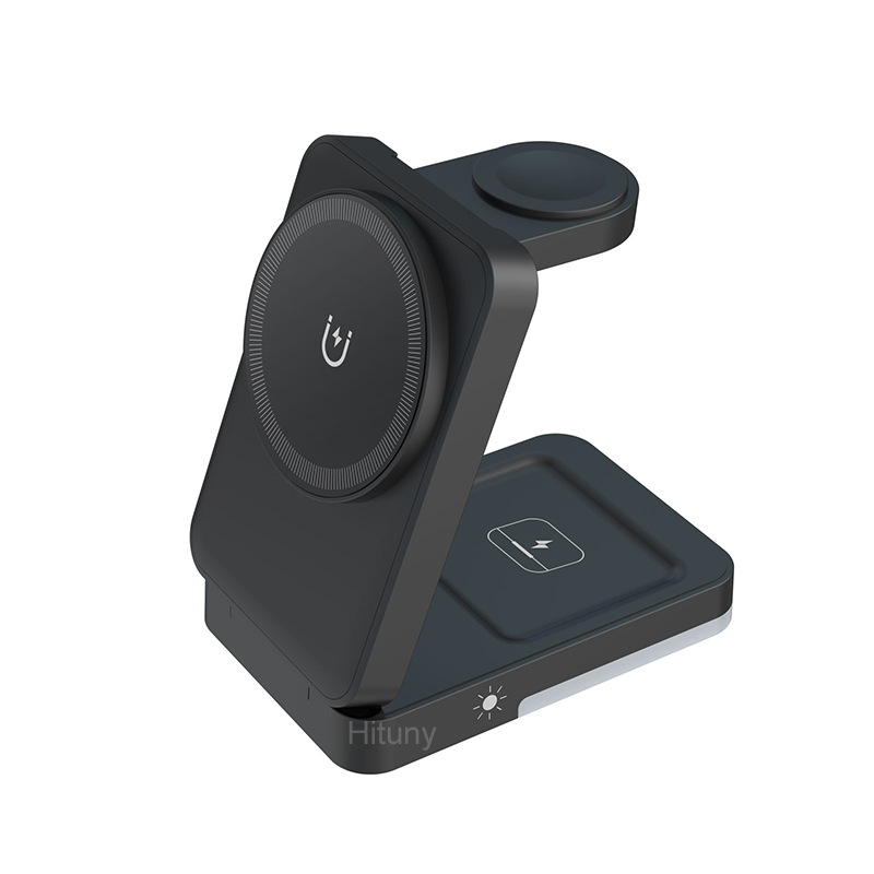 Naujas sulankstomas magnetinis siurbimo trijų viename belaidis įkroviklis su naktine lempute, vertikalus greitas įkrovimas, skirtas „Apple“ mobiliųjų telefonų belaidžiam įkrovimui.