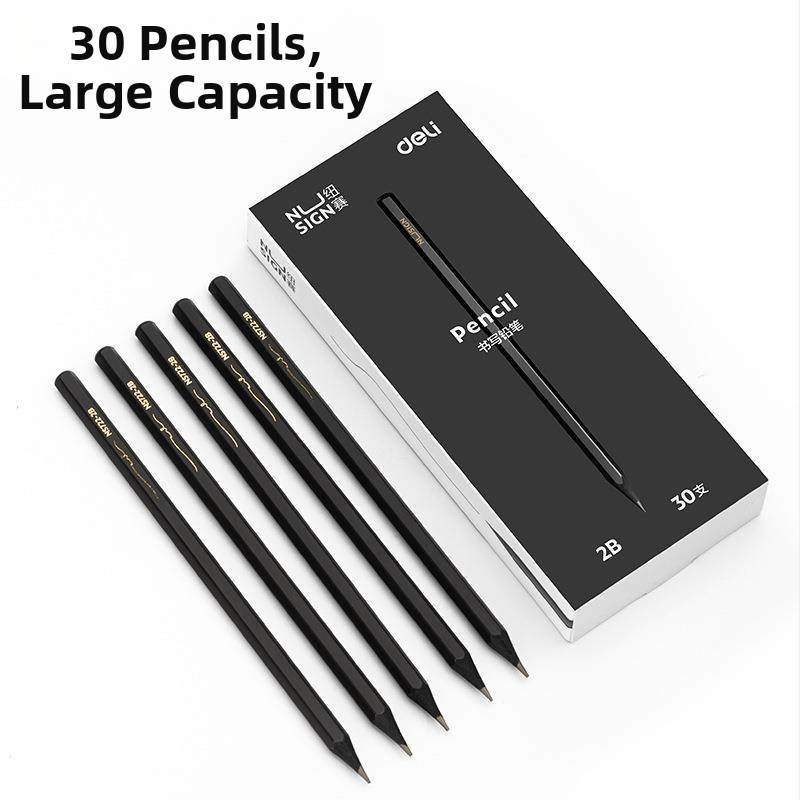 Deli New Sai Черен дървен шестоъгълен прът 2B Молив за писане с графитна сърцевина HB Черен Супер висок цвят (30 бр./кутия)