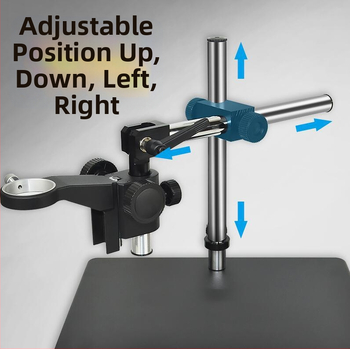 Gamintojai tiekia mikroskopo universalų ilgos rankos laikiklį su reguliuojamu sukimosi prailginimu, besisukančiu laikikliu, metaliniu stulpeliu, kolonėlės pagrindu.