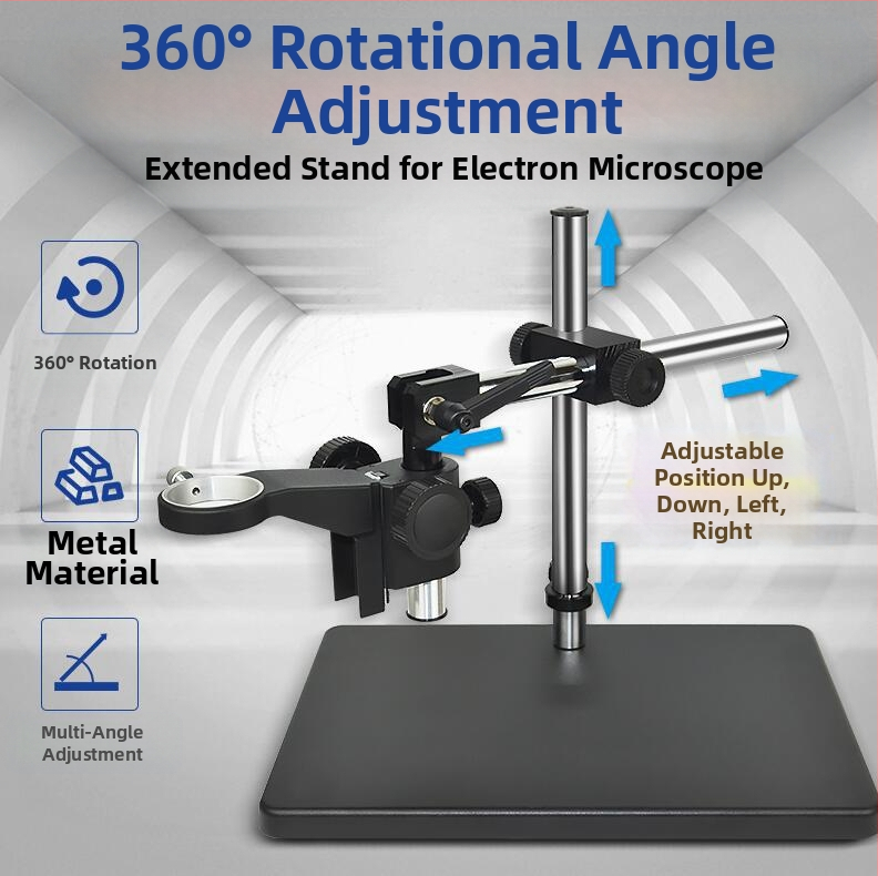 Gamintojai tiekia mikroskopo universalų ilgos rankos laikiklį su reguliuojamu sukimosi prailginimu, besisukančiu laikikliu, metaliniu stulpeliu, kolonėlės pagrindu.