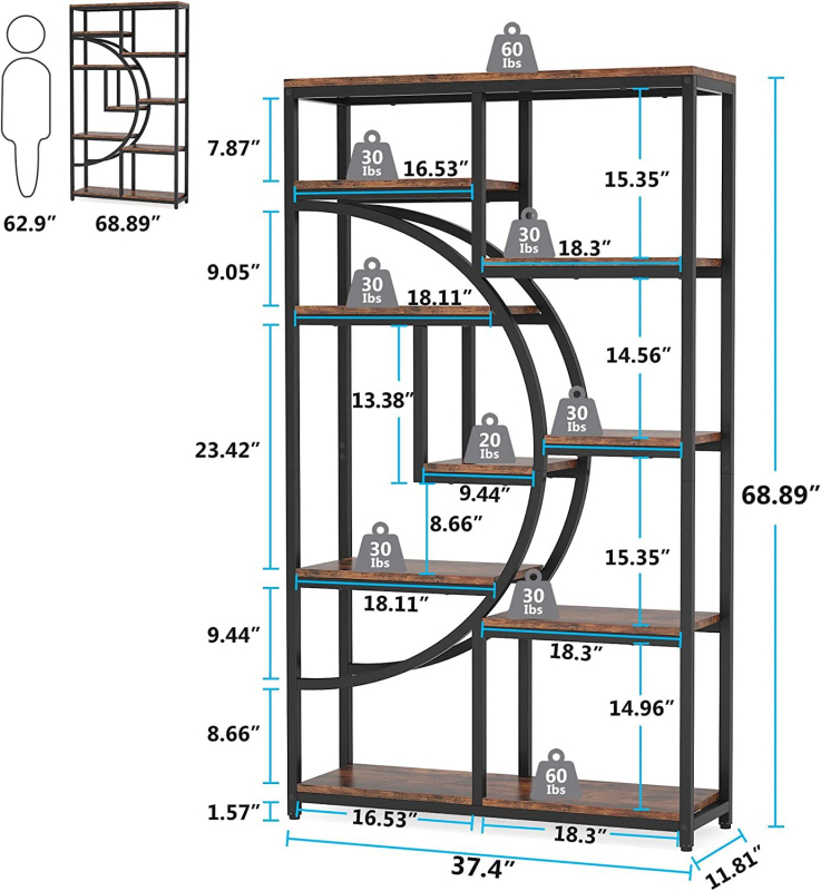 Рафт за дисплей, домакински модерен дисплей, библиотека, желязна дървена конструкция, може да се персонализира