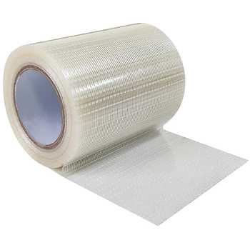 Stiklo pluošto tinklelio juosta, skirta elektros prietaisams fiksuotai pakuoti, klijuojanti pluoštą, be žymių, vienpusė dryžuota pluošto juosta