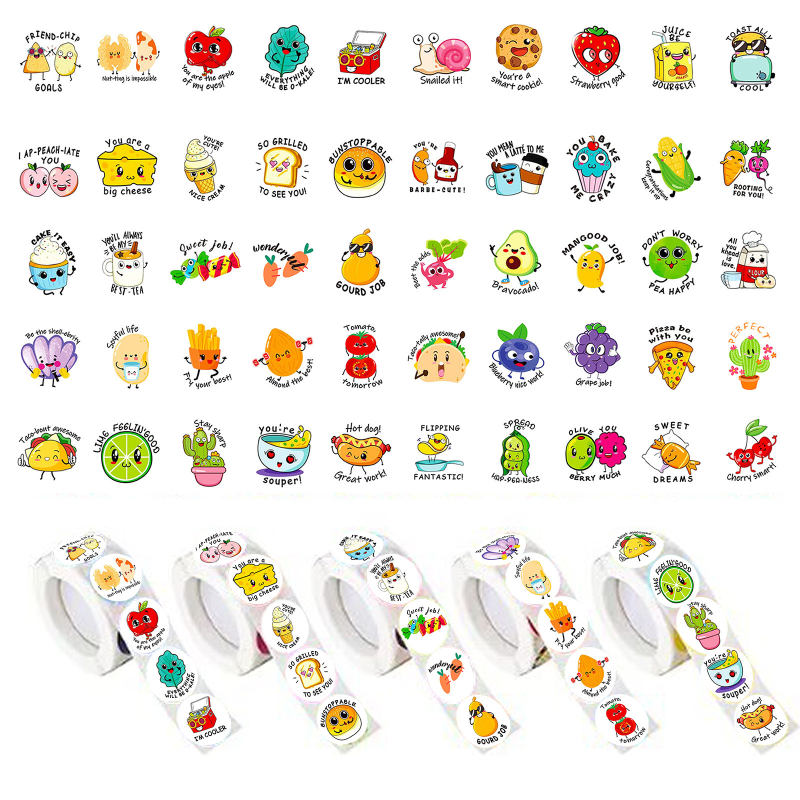 1000 matrica/5 tekercs, 6,0 hüvelykes különböző aranyos matricák, gyümölcsmatricák, iskolai jutalomcímke matricák