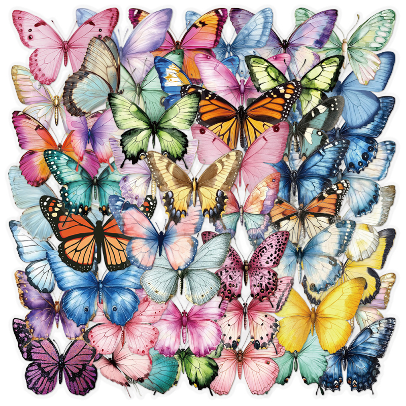 50 koomiksivärvi liblika simulatsioonikleebist, värsked lihtsad dekoratiivsed veetopsi pagasi sülearvutikleebised