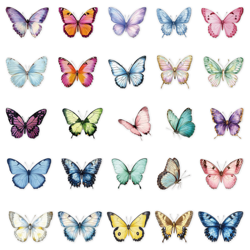 50 koomiksivärvi liblika simulatsioonikleebist, värsked lihtsad dekoratiivsed veetopsi pagasi sülearvutikleebised