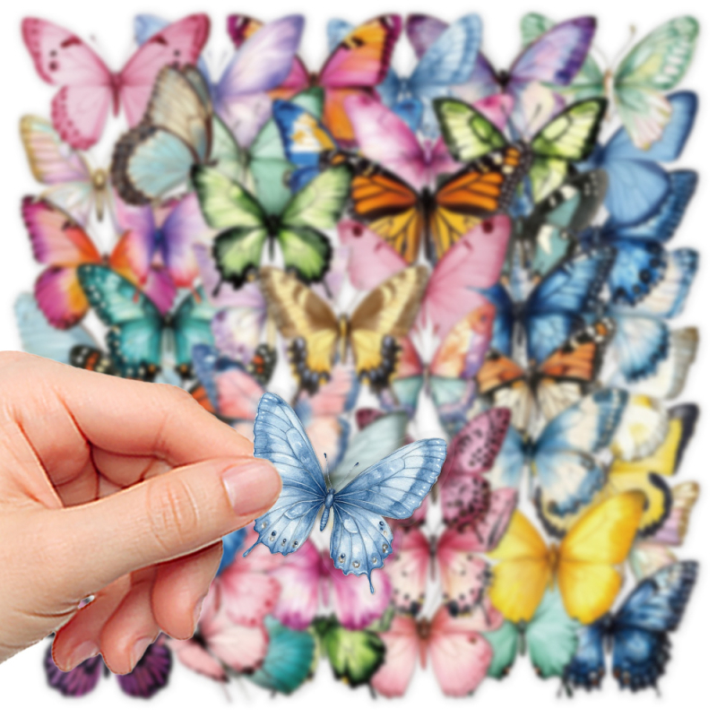 50 koomiksivärvi liblika simulatsioonikleebist, värsked lihtsad dekoratiivsed veetopsi pagasi sülearvutikleebised