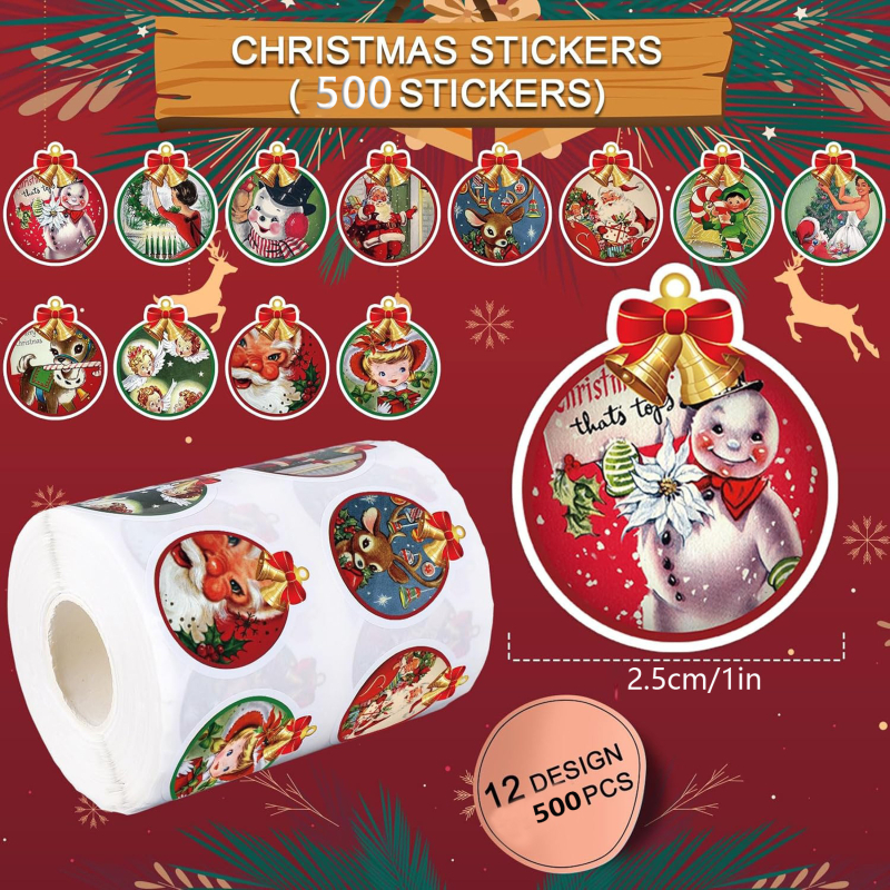 500 db-os karácsonyi matrica tekercs 12 dizájn retro piros zöld kerek matricák öntapadós dekoratív címke matricák