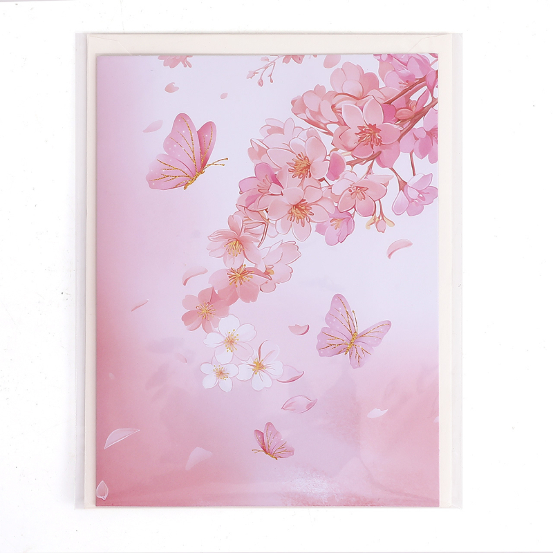 Loominguline liblikaga sünnipäevatordi 3D hüpik-sünnipäevakaart, Sakura liblikaga kolmemõõtmeline kaart, pärlmutterjas ümbrik, äärisega