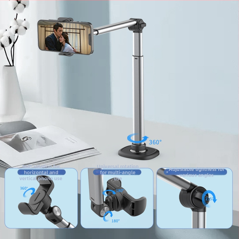 Стойка за стрийминг на живо с мобилен телефон, алуминиева сплав, въртене на 360 градуса, телескопично регулиране, гъвкава табла за легло, устройство за стрийминг на живо с функция за настолно ползване.