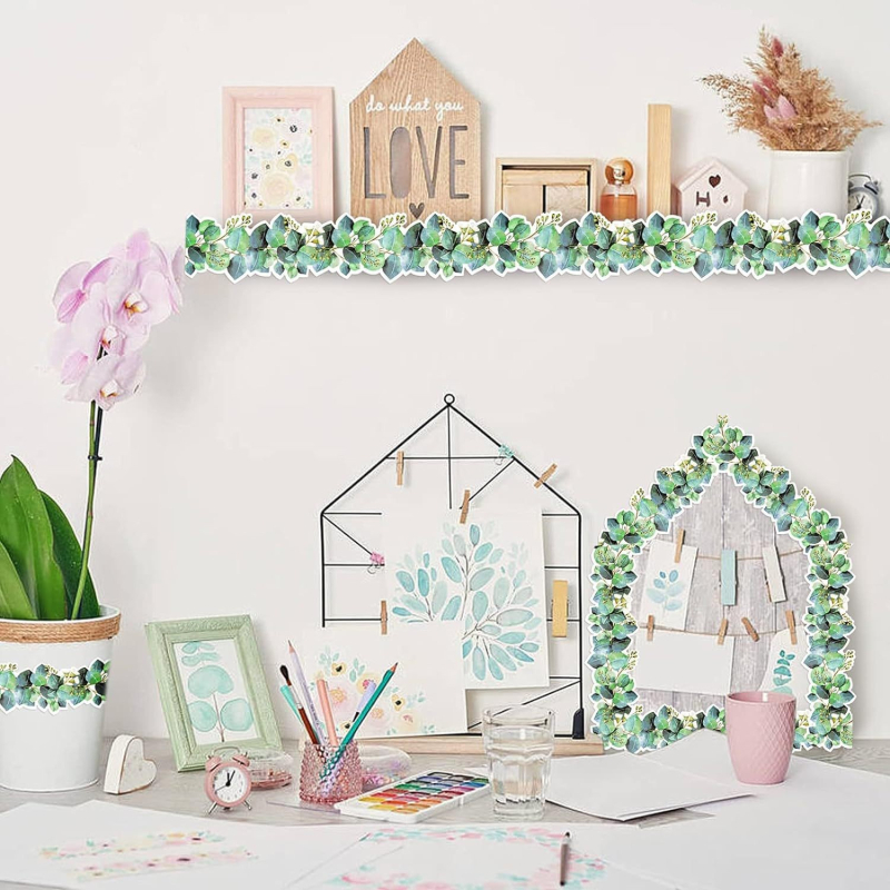 Amazoni kuum müük eukalüptilehtede mustriga äärise teadetetahvli dekoratiivne kleebis isekleepuv rull tugeva värskuse loomiseks