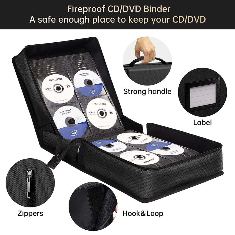 Didelis, ugniai atsparus CD laikymo krepšys su užtrauktuku, daugiasluoksnis, vandeniui atsparus CD laikymo krepšys