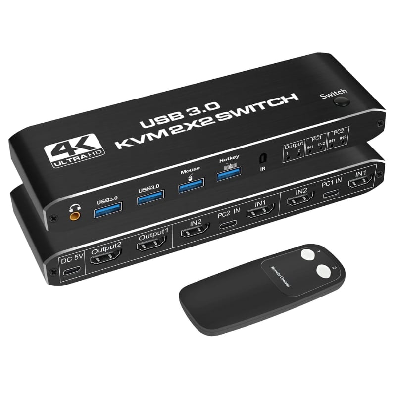 USB3.0KVM превключвател с два входа и два изхода с аудио поддръжка, разширен режим на копиране, поддръжка на клавишна комбинация 4K60HZ