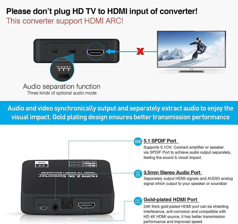 HDMI-heli jaotur HDMI2.0 4K120HZ HDMI-st HDMI SPDIF 3.5 audio ARC-ks
