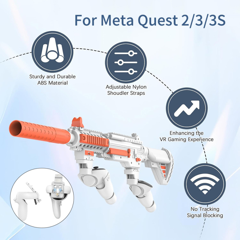 Ražotāji izmanto quest2/3 paaudzes balto oranžo pagarināto VR spēļu piederumu rokturi quest otrās un trešās paaudzes koplietošanai