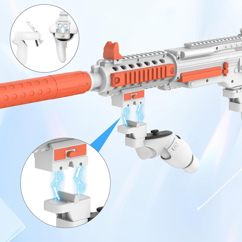 Ražotāji izmanto quest2/3 paaudzes balto oranžo pagarināto VR spēļu piederumu rokturi quest otrās un trešās paaudzes koplietošanai