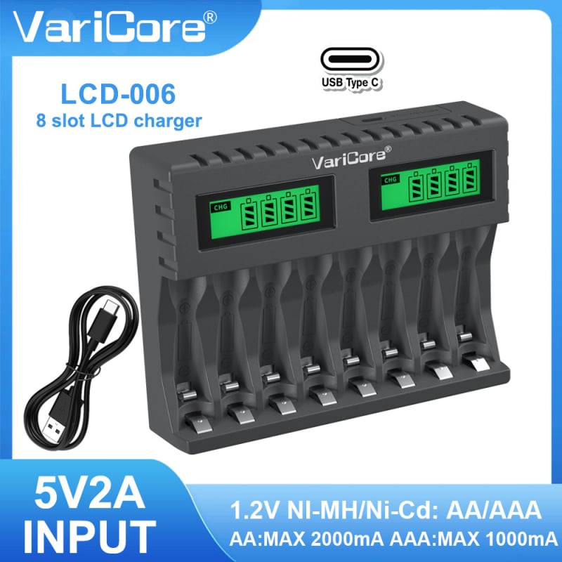 Зарядно за бързо зареждане Varicore 1.2V Ni-Mh/Ni-Cd Aa Aaa с 8 слота и интелигентен дисплей, тип C