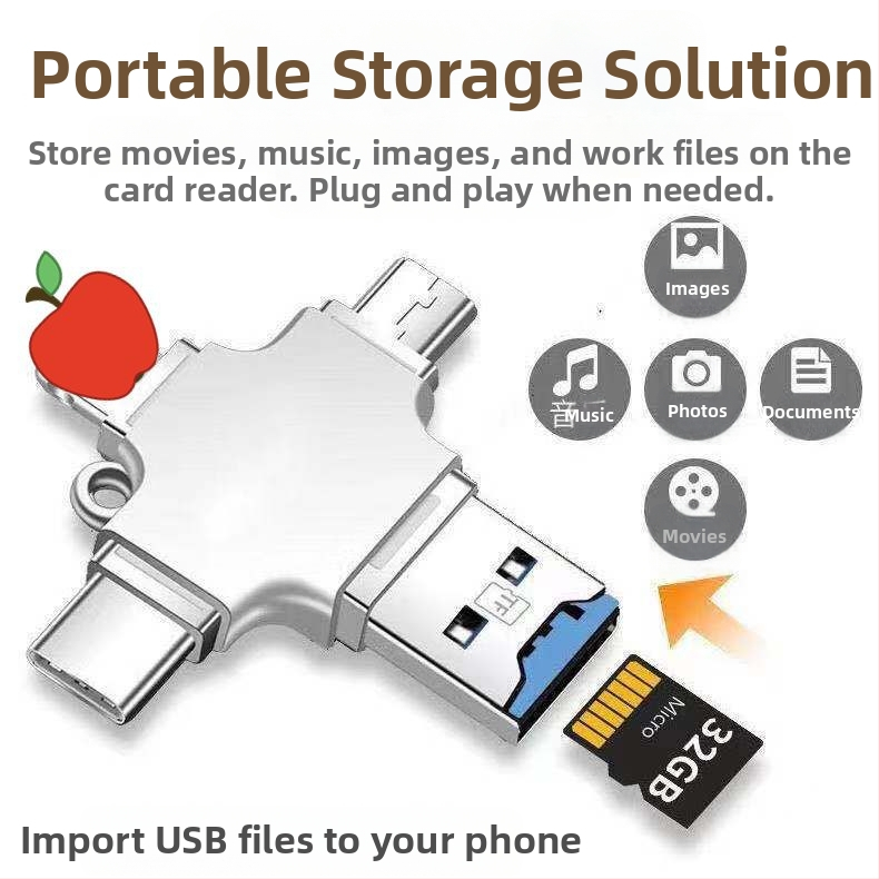 Multifunktsionaalne nelja-ühes tsingisulamist OTG-kaardilugeja Apple`i ja Androidi mobiiltelefonidele, U-ketta C-tüüpi kaardilugejale