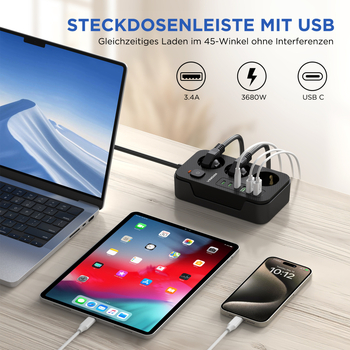 E. prekybos užsienio prekybai europietiško stiliaus kištukas su USB C tipo trijų skylių lizdu, tarpvalstybinis kištukas, juodas, porėtas