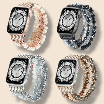 Kristályos fekete kőből készült, kézzel készített, rugalmas gyöngyös óraszíj Apple Watch szíjhoz, nagykereskedelemben