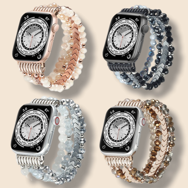 Kristályos fekete kőből készült, kézzel készített, rugalmas gyöngyös óraszíj Apple Watch szíjhoz, nagykereskedelemben