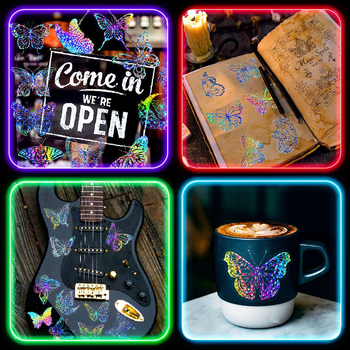 100 db átlátszó pillangós lézeres matrica, holografikus matricák, lézeres vaku, holografikus matricák