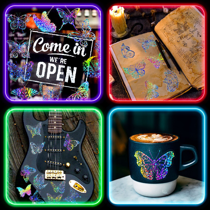 100 db átlátszó pillangós lézeres matrica, holografikus matricák, lézeres vaku, holografikus matricák