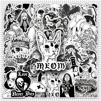 50 fekete-fehér gótikus matrica, horror, kreatív, halloween, vízálló, dekoratív fali üveg tárolódoboz, kézi fiókmatricák