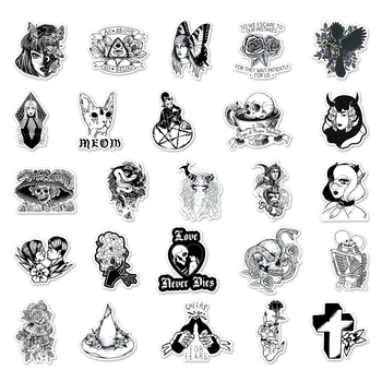 50 fekete-fehér gótikus matrica, horror, kreatív, halloween, vízálló, dekoratív fali üveg tárolódoboz, kézi fiókmatricák