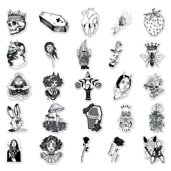 50 fekete-fehér gótikus matrica, horror, kreatív, halloween, vízálló, dekoratív fali üveg tárolódoboz, kézi fiókmatricák