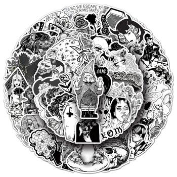 50 fekete-fehér gótikus matrica, horror, kreatív, halloween, vízálló, dekoratív fali üveg tárolódoboz, kézi fiókmatricák