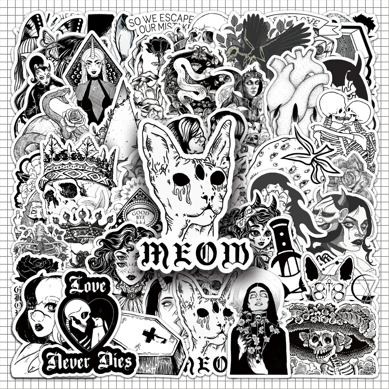 50 fekete-fehér gótikus matrica, horror, kreatív, halloween, vízálló, dekoratív fali üveg tárolódoboz, kézi fiókmatricák