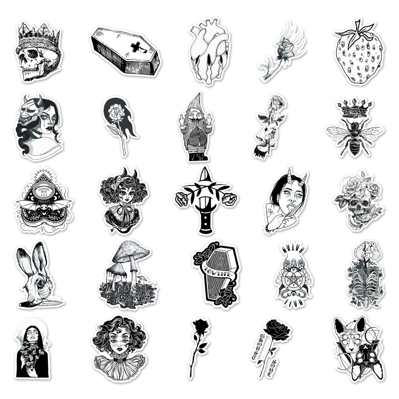 50 fekete-fehér gótikus matrica, horror, kreatív, halloween, vízálló, dekoratív fali üveg tárolódoboz, kézi fiókmatricák