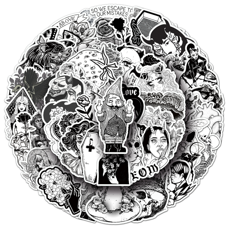 50 fekete-fehér gótikus matrica, horror, kreatív, halloween, vízálló, dekoratív fali üveg tárolódoboz, kézi fiókmatricák