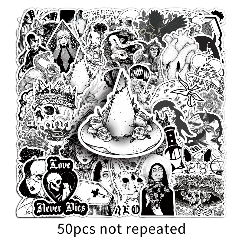50 fekete-fehér gótikus matrica, horror, kreatív, halloween, vízálló, dekoratív fali üveg tárolódoboz, kézi fiókmatricák