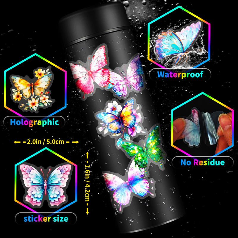 50 lemmiklooma värvilist liblikakleebist, veekindlad kleebised, isetegemise veetopsi kleebised, mobiiltelefoni ümbrise kaunistus, armsad väikesed kleebised, liblikakleebised