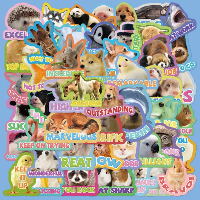 50 de stickere recompensă pentru animale, drăguțe și distractive, cu expresii în engleză pentru animale mici, caiet de papetărie DIY