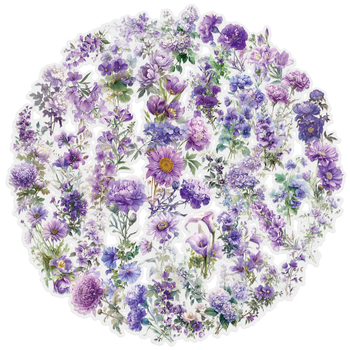 Határokon átnyúló 50 lila virágos PET vízálló átlátszó matrica DIY üvegből készült kívánságpalack mobiltelefon tok kreatív kézifiók