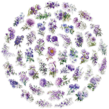 Határokon átnyúló 50 lila virágos PET vízálló átlátszó matrica DIY üvegből készült kívánságpalack mobiltelefon tok kreatív kézifiók